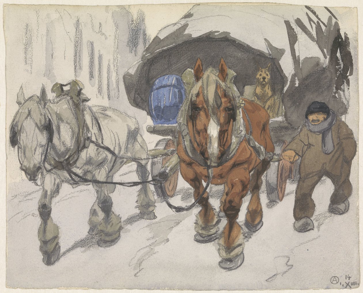 Gårdsvogn med to hester foran av Alfred Ost