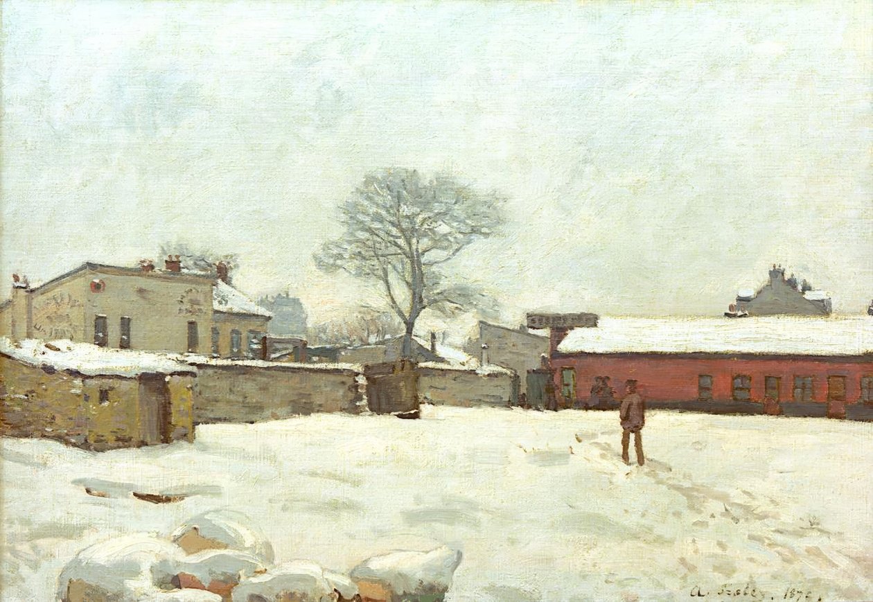 Under snøen, gårdstun i Marlyle-Roi av Alfred Sisley