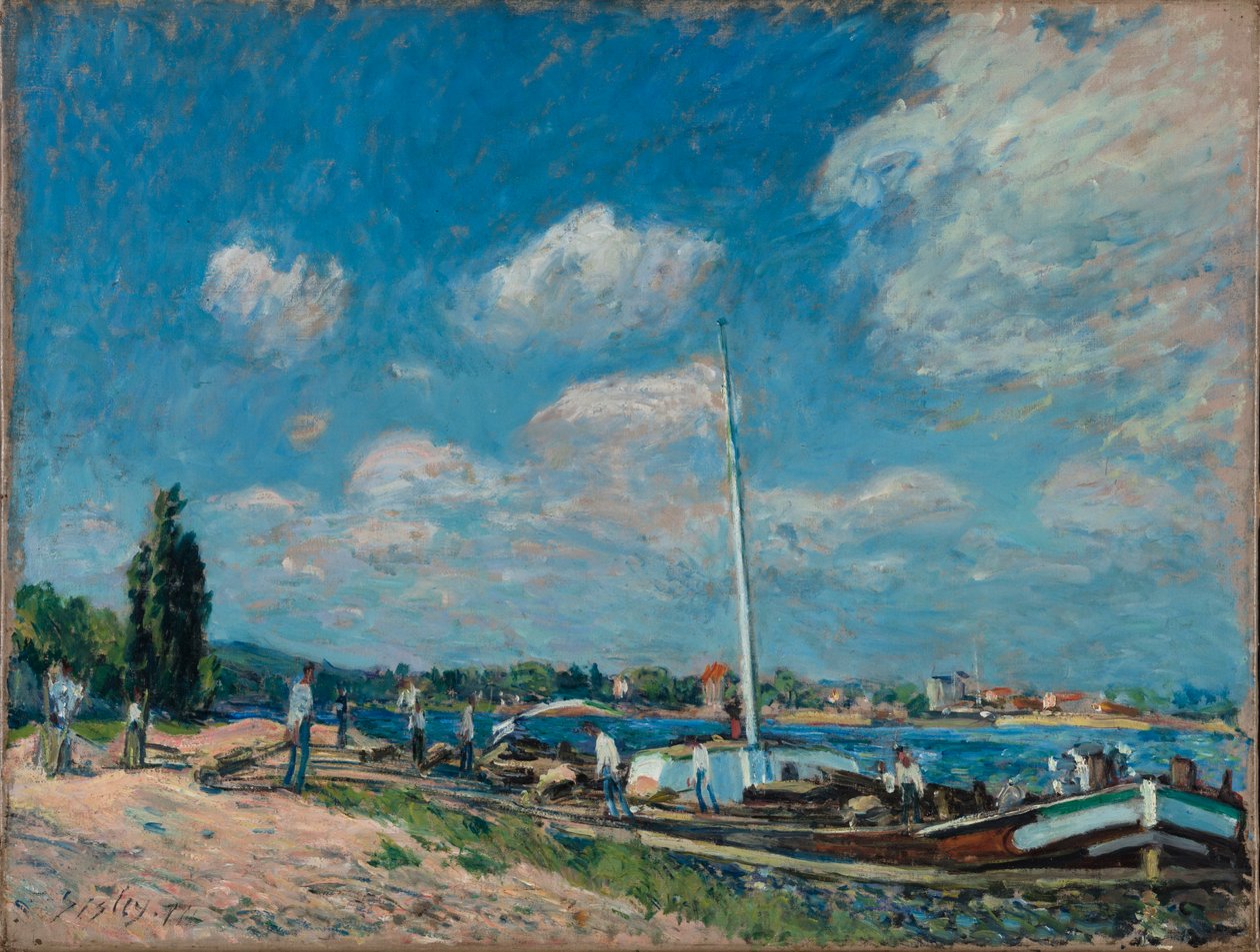 Lossing av lektere ved Billancourt, 1877. av Alfred Sisley