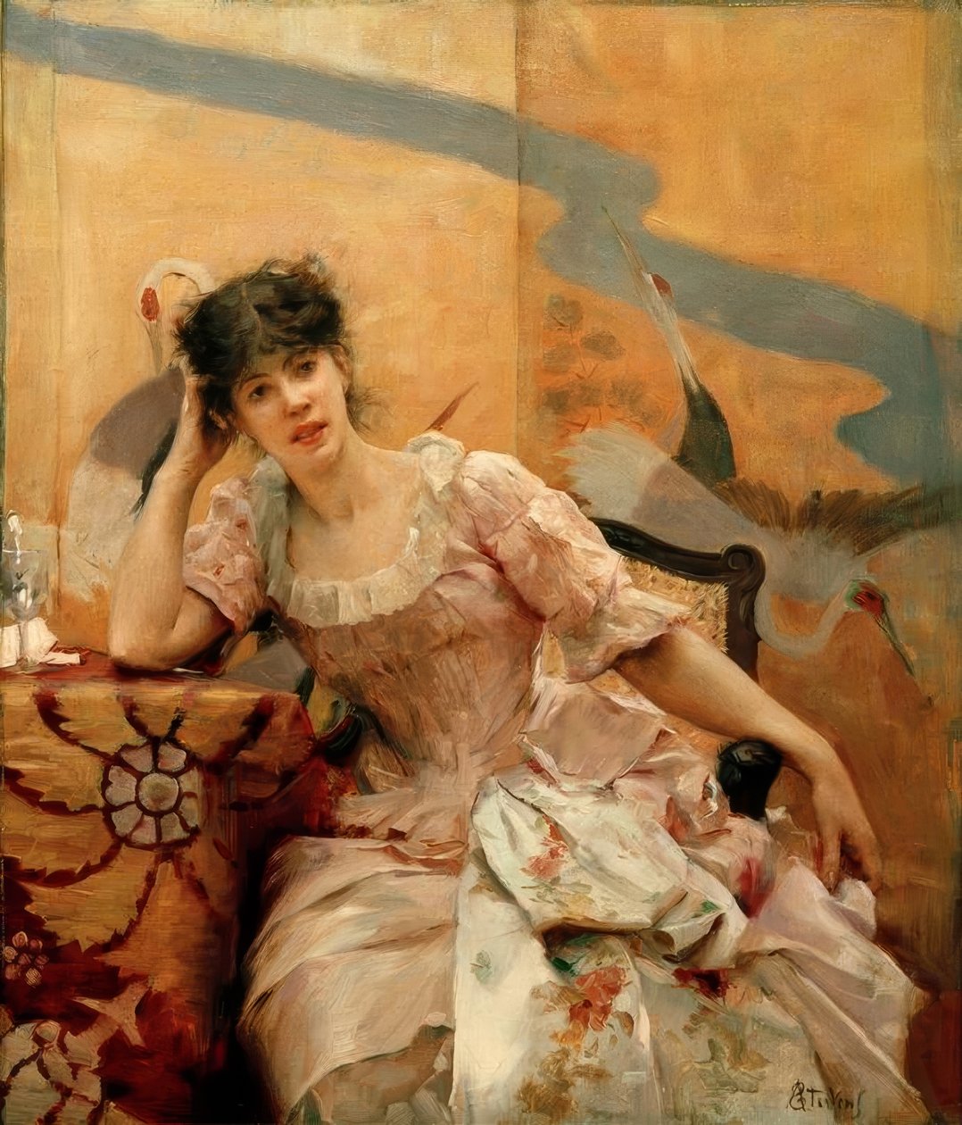 A.Stevens, Ung kvinne og japansk skjerm av Alfred Emile Stevens