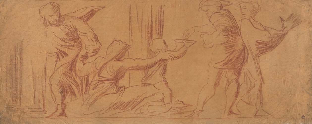 Gruppe av figurer, barn som tigger i sentrum av Alfred Emile Stevens