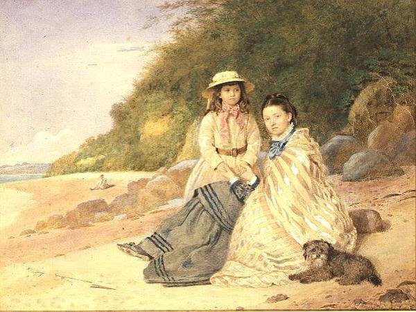 Mor og datter med hund av Alfred Tidey
