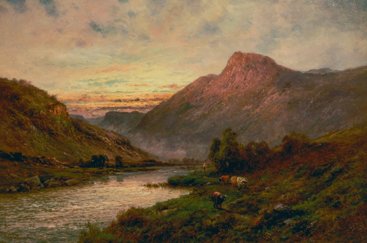 The Tay at Sunset, Dunkeld (olje) av Alfred de Breanski