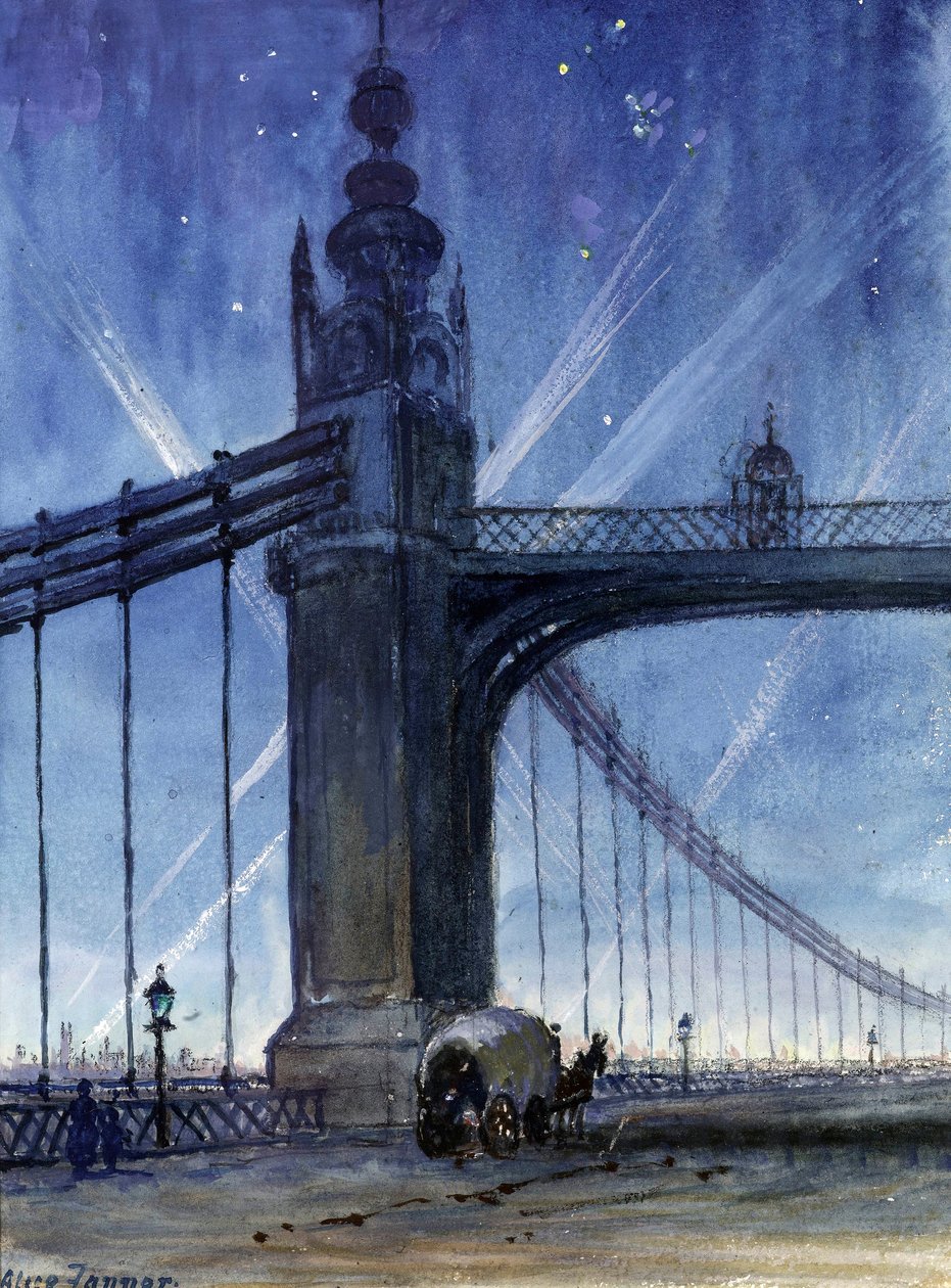 Krigstidspunktlys fra Chelsea Bridge, ca. 1917 av Alice Maud Fanner