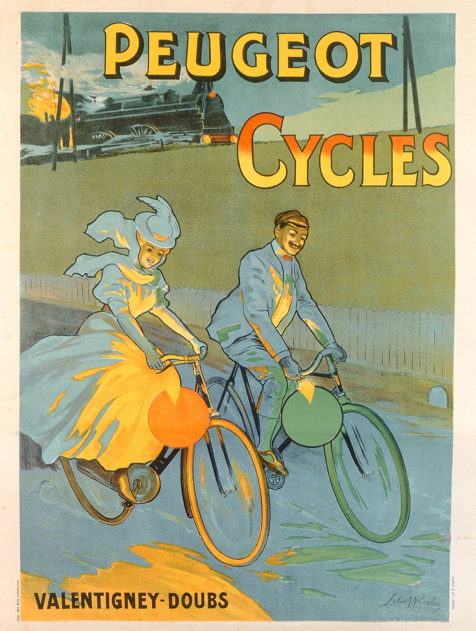 Plakat som reklamerer for Peugeot-sykler (litho-farge) av Almery Lobel Riche