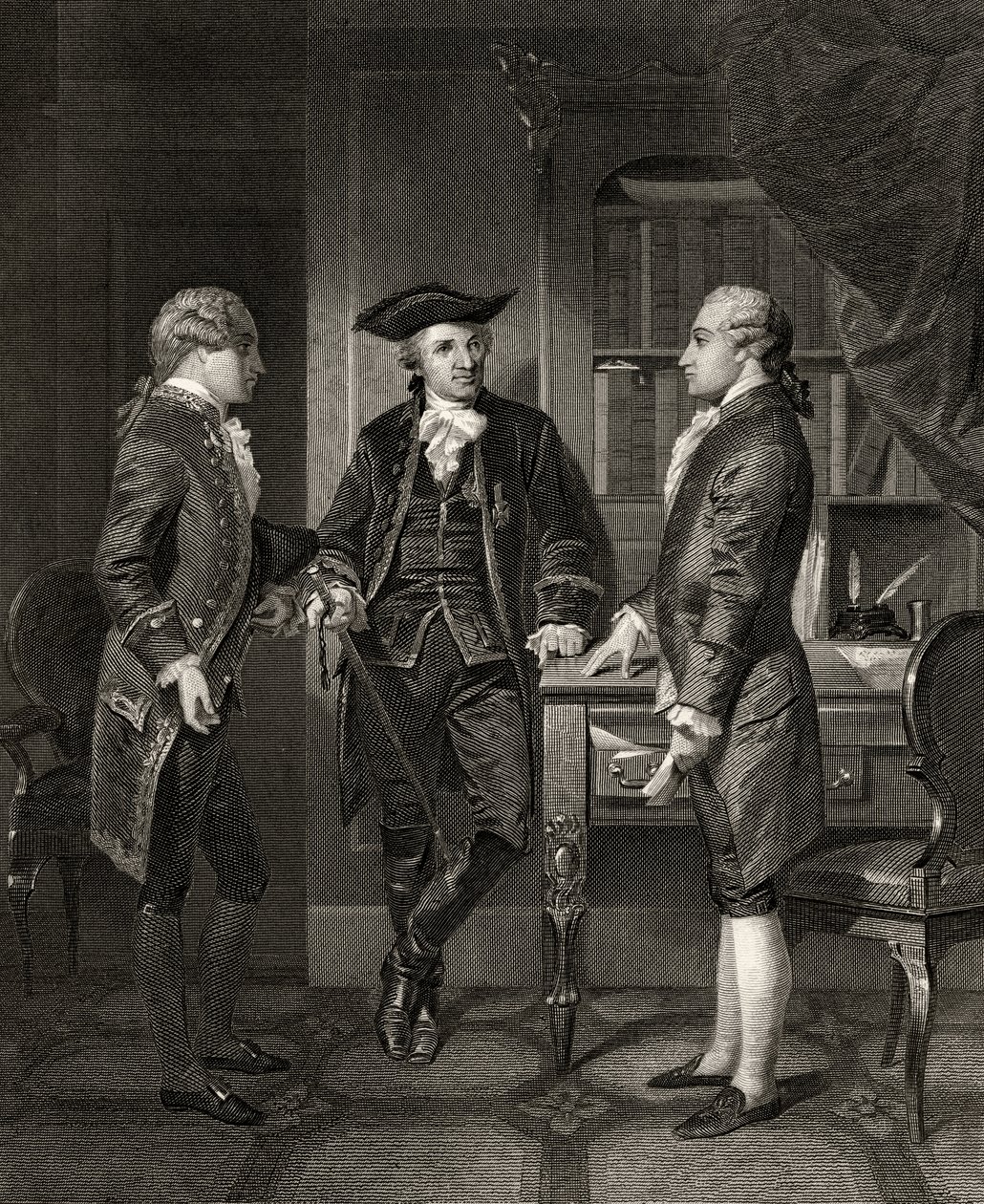 Baron de Kalb (i midten) introduserer Lafayette for Silas Dean, fra 