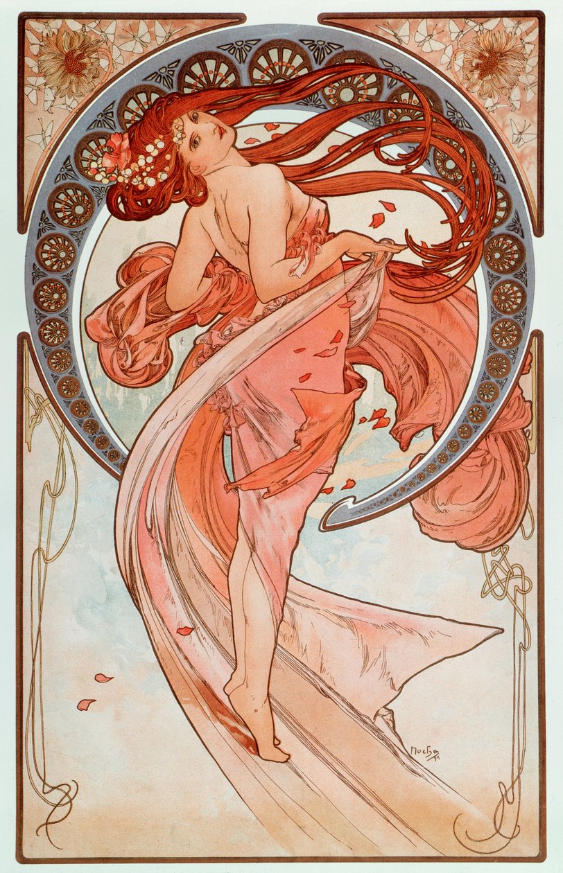 La danse Lithographs-serien av Alphonse Mucha (1860-1939), 1898 - "" Dansen"" Fra en serie litografier av Alphonse Mucha, 1898 Dim 38x60 cm Privat samling av Alphonse Mucha