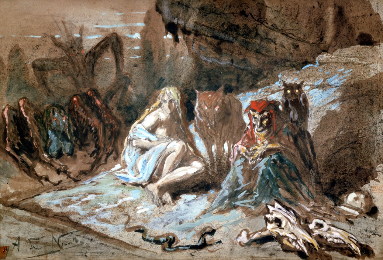 Hekser og ulver, illustrasjon for The Damnation of Faust av Berlioz (wc på papir) av Alphonse Marie de Neuville