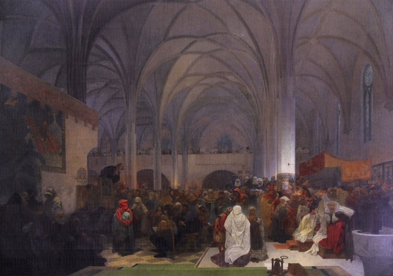 Kazani Mistra Jana Husa v kapli Betlemske: Pravda vitezin Engelsk: Master Jan Hus Preaching at the Bethlehem Chapel: Truth Prevailsn av Alphonse Mucha