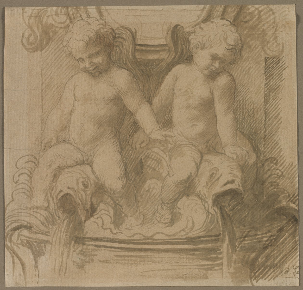 Fontene med Putti Riding Delfiner av Alphonse Legros