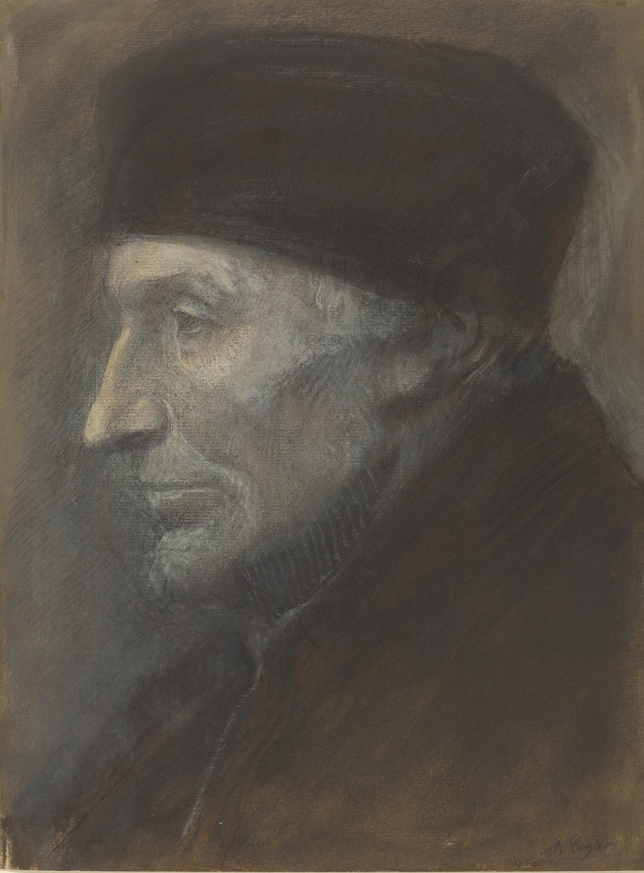 Hodet til en mann med en kalott. av Alphonse Legros