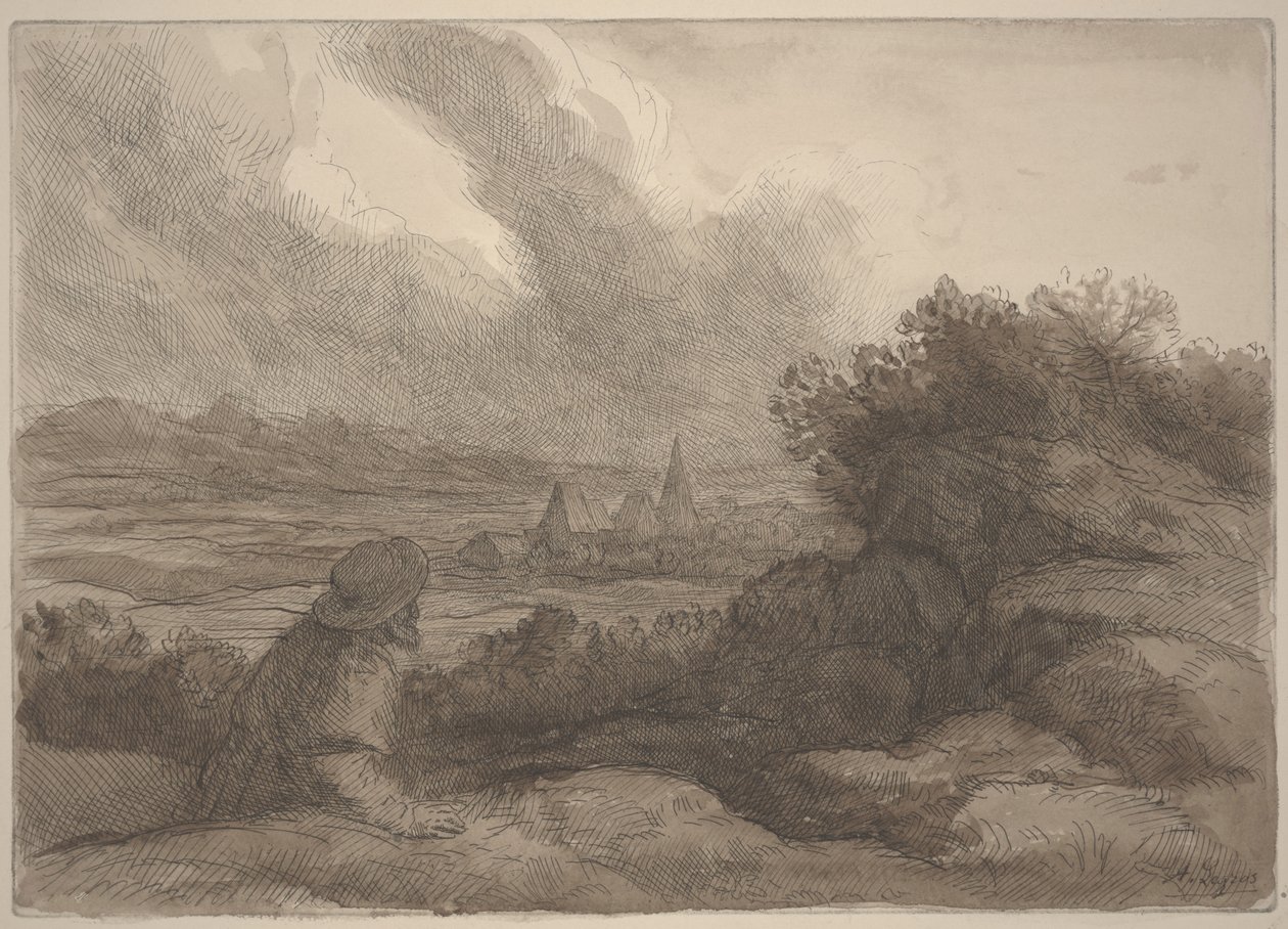 Landskap (etsing med sepia vask) av Alphonse Legros