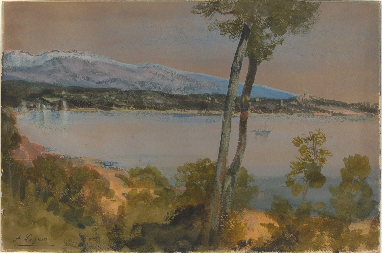 Fjell sett bortenfor en innsjø av Alphonse Legros