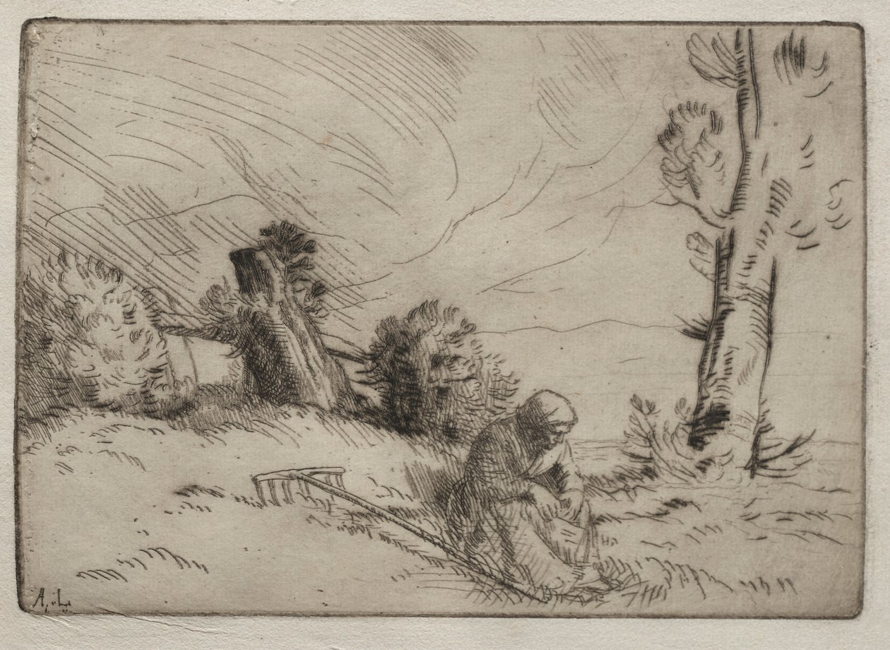 Bondekvinne som sitter nær en hekk. av Alphonse Legros