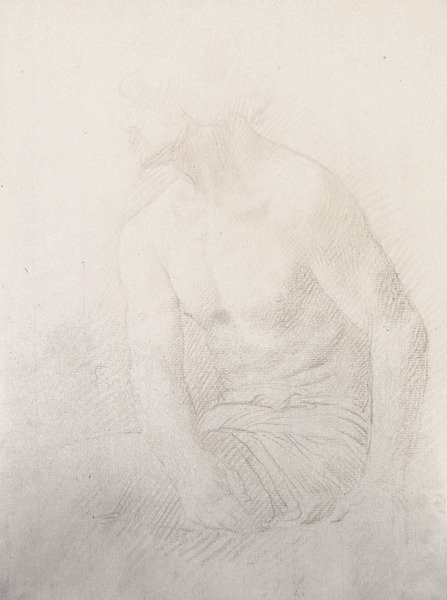 Sittende mann naken (brunt kritt på papir) av Alphonse Legros