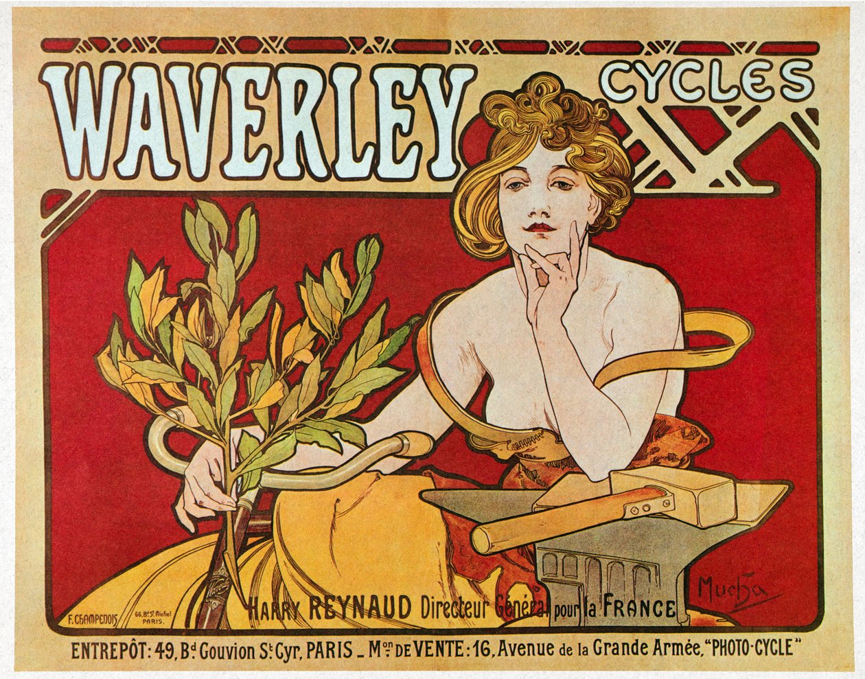 Plakatreklame Waverley-sykluser av Alphonse Mucha