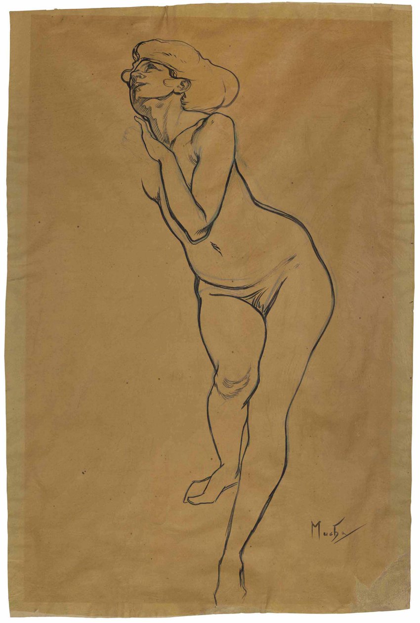 Naken kvinne stående. av Alphonse Mucha