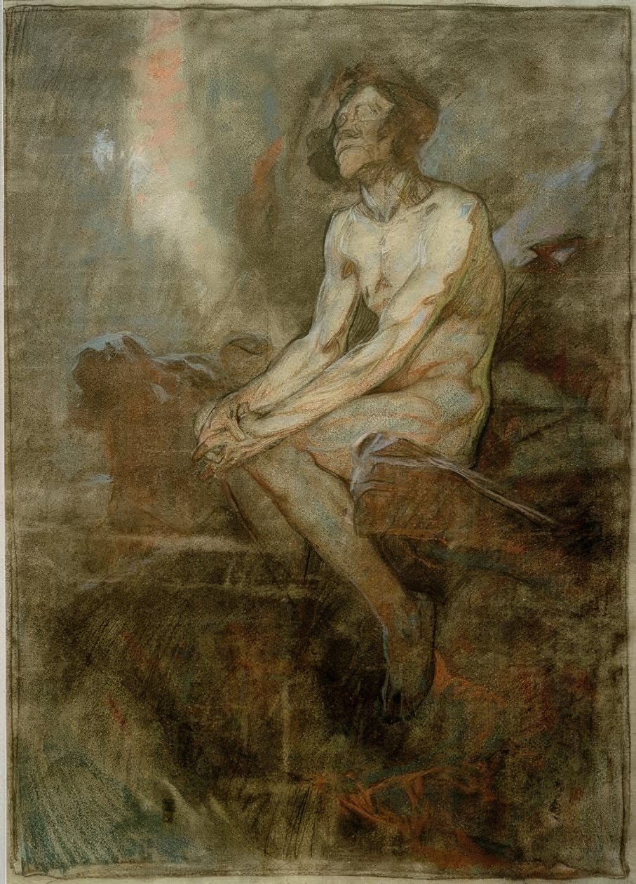 Naken mann sitter på en stein av Alphonse Mucha