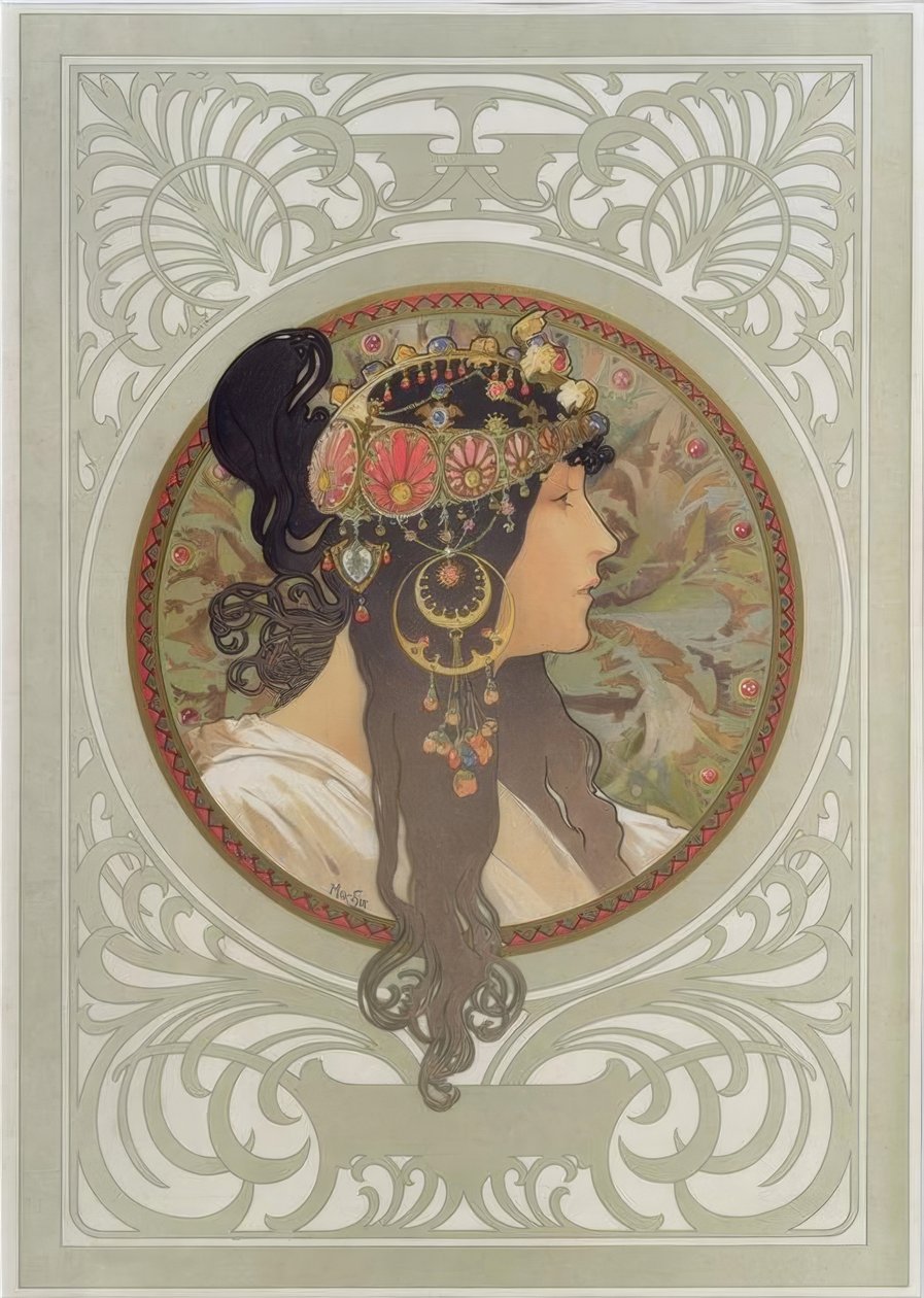 Bysantinsk hode: Brunette av Alphonse Mucha