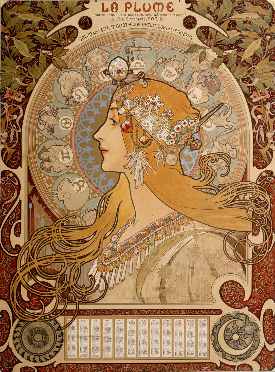 Zodiacal kalender, 1897. av Alphonse Mucha