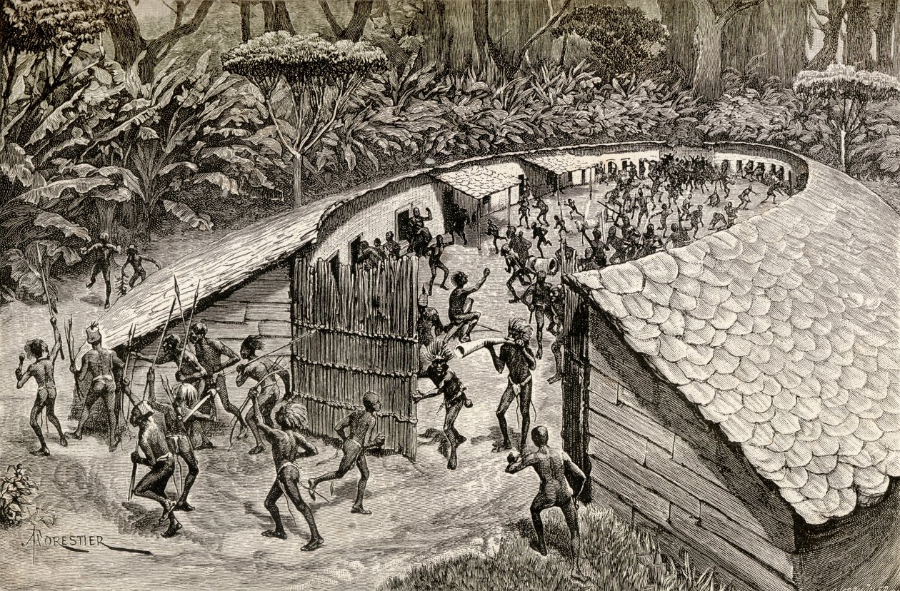 De innfødte i Iyugu forbereder seg på krig, 1890 (tregravering) av Amedee Forestier