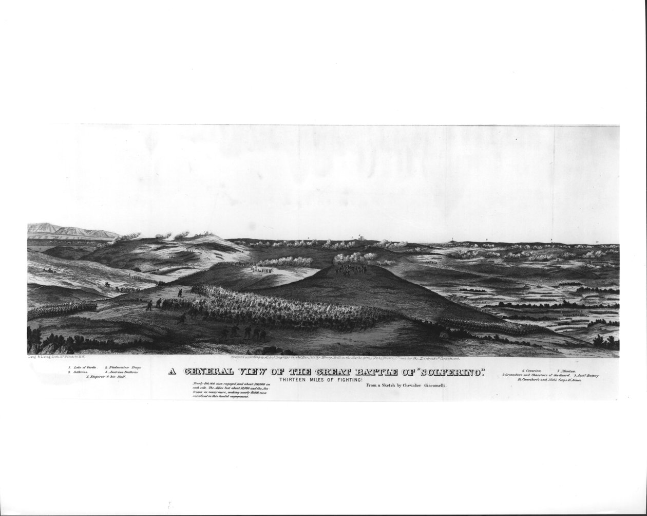 Et generelt syn på det store slaget ved Solferino, 24. juni 1859, fra en skisse av Chevalier Giacomelli, pub. av Lang und Laing, ca. 1859 av American School