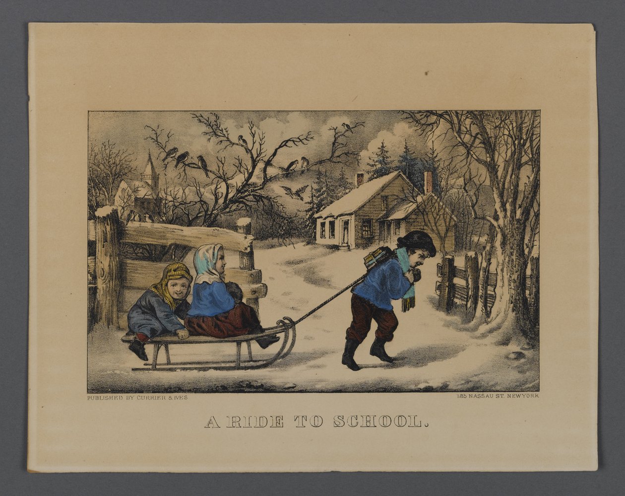 A Ride to School, utgitt av Currier & Ives, New York (håndfarget litho) av American School