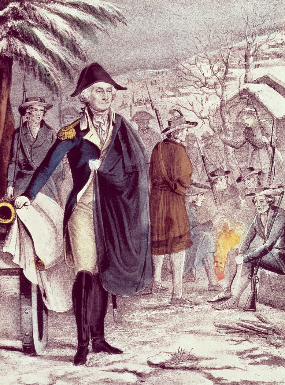 George Washington ved Valley Forge, desember 1777, gravert av Nathaniel Currier (1813-88) av American School