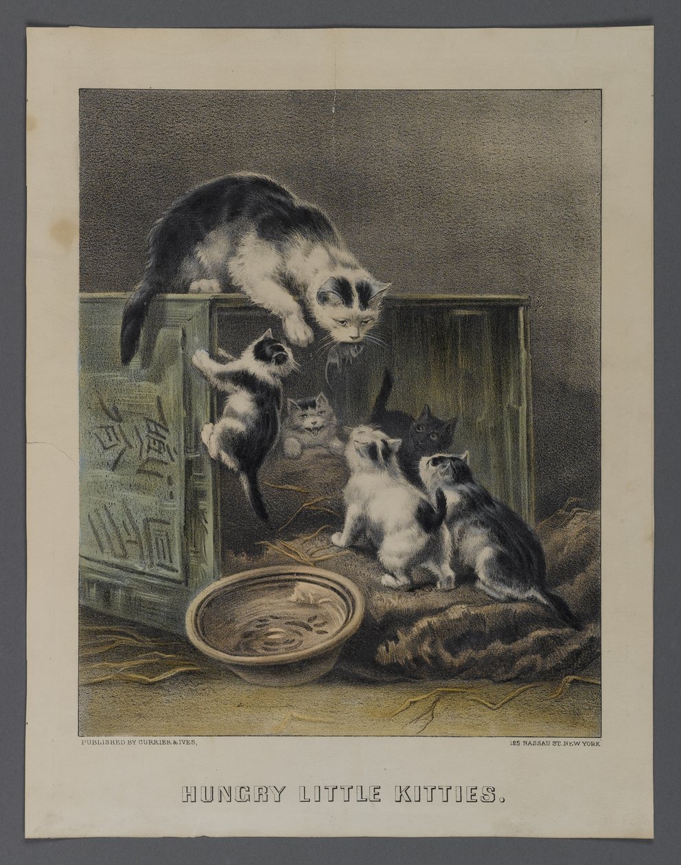 Hungry Little Kitties, utgitt av Currier & Ives, New York (håndfarget litho) av American School