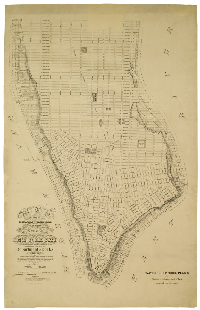 Kart som viser høy- og lavvannsmerket og de opprinnelige bytilskuddene av land under vann gitt til forskjellige parter fra 1686 til 1873, som strekker seg fra Battery til Fifty-first Street, Judson og East Rivers av American School