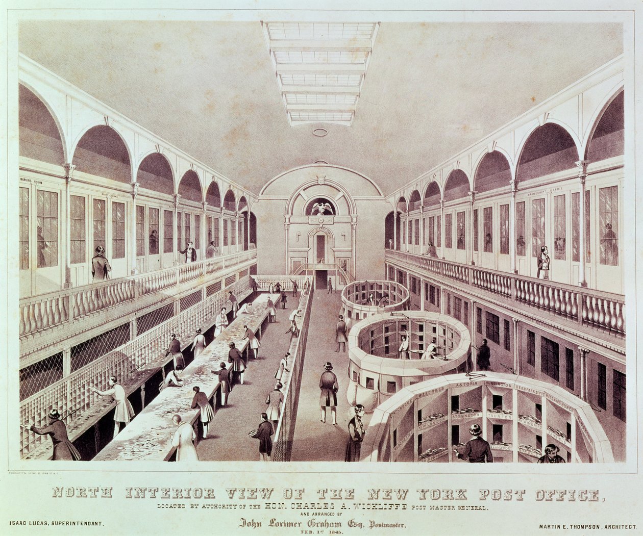 Nordlig interiørbilde av New York Post Office, gravert av Endicott av American School