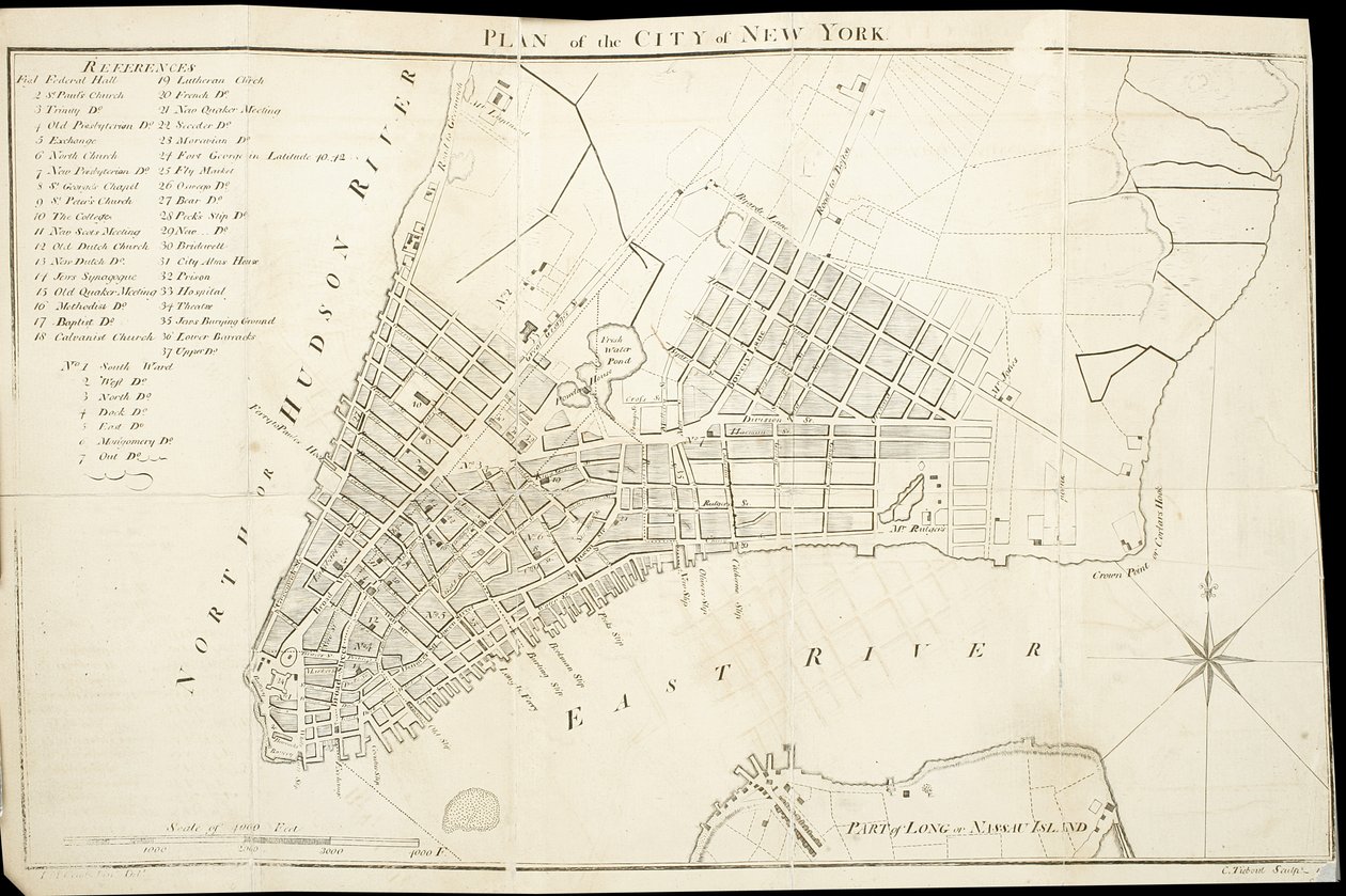 Plan over byen New York, gravert av Tiebout, 1789 (gravering, blekk på papir) av American School