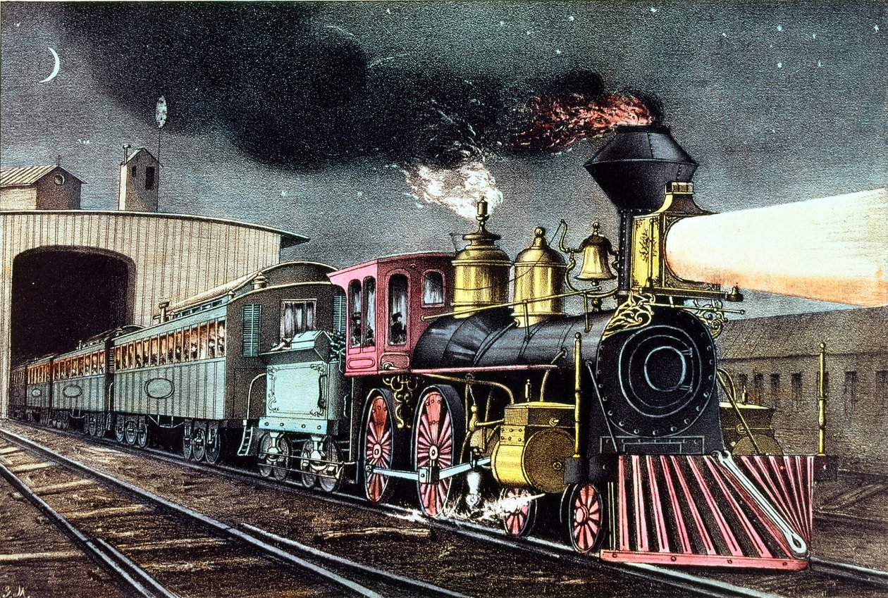 The Night Express: The Start, utgitt av Nathaniel Currier (1813-88) og James Merritt Ives (1824-95) av American School
