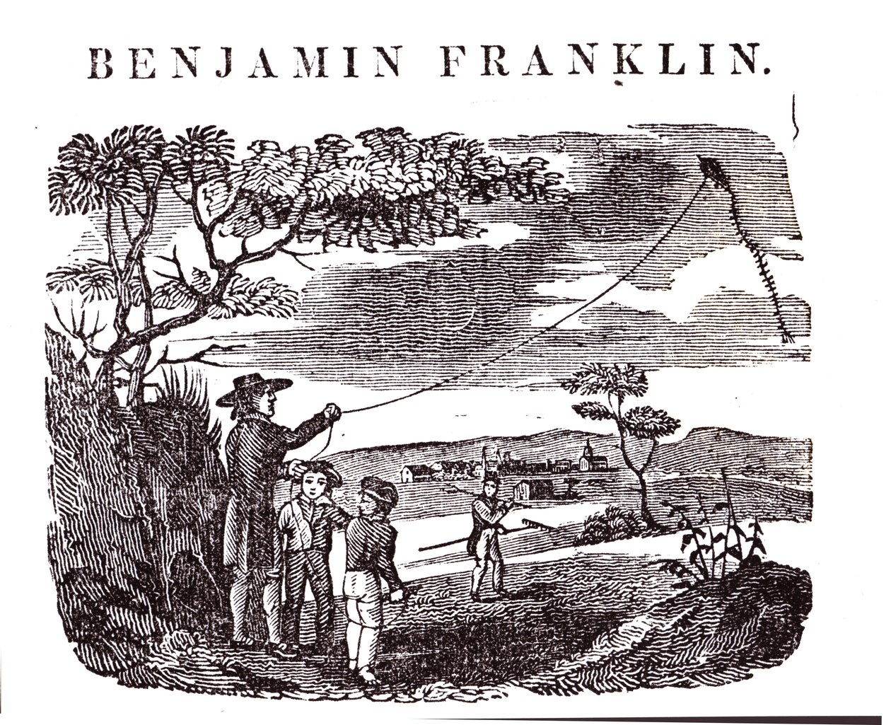 Benjamin Franklin (1706-90) gjennomfører sitt drageeksperiment av American School