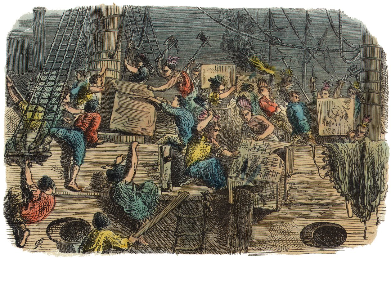 Boston Tea Party, ca. 1860-tallet (håndfarget gravering) av American School