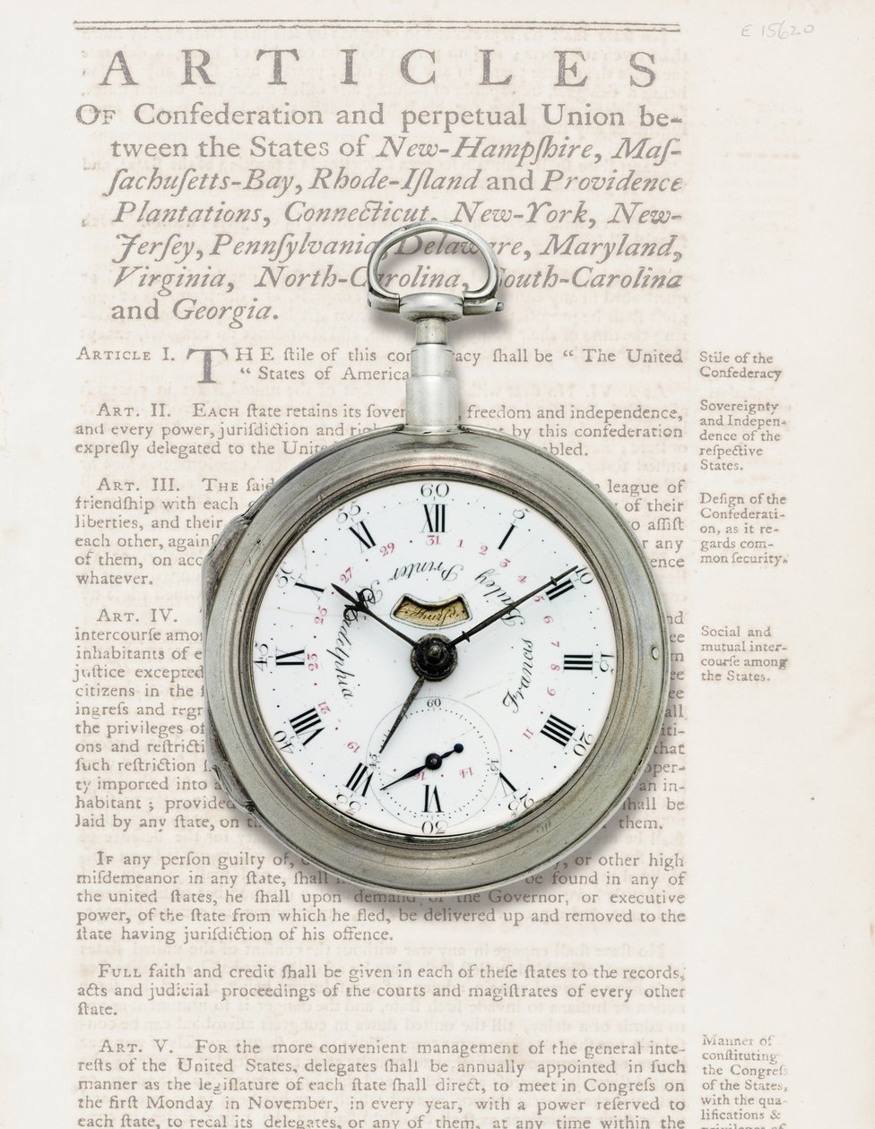 Kalenderklokke, ca. 1780 (sølvkasse) av American School