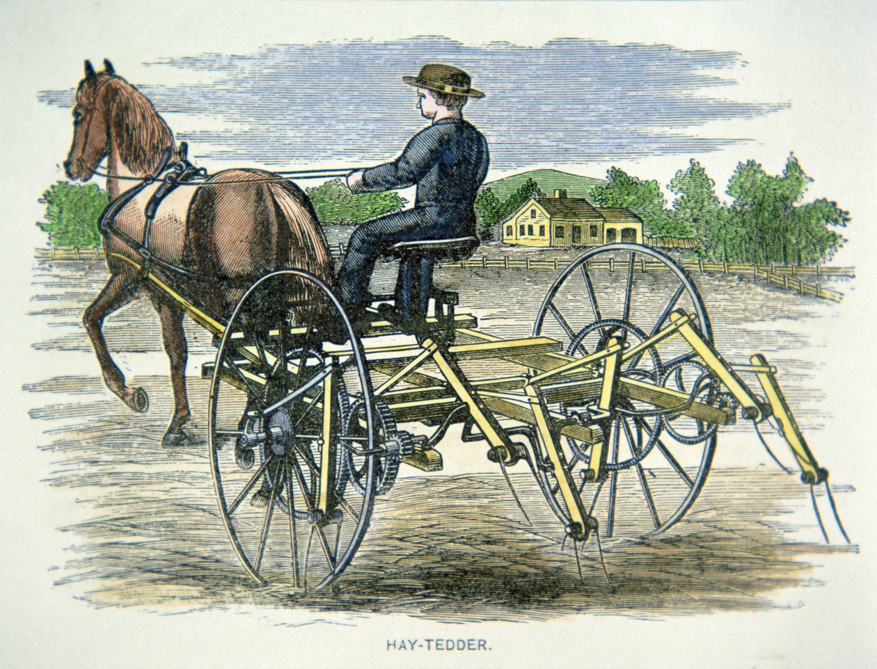 Høyhøvende jordbruksmaskin, ca. 1880 (farget gravering) av American School