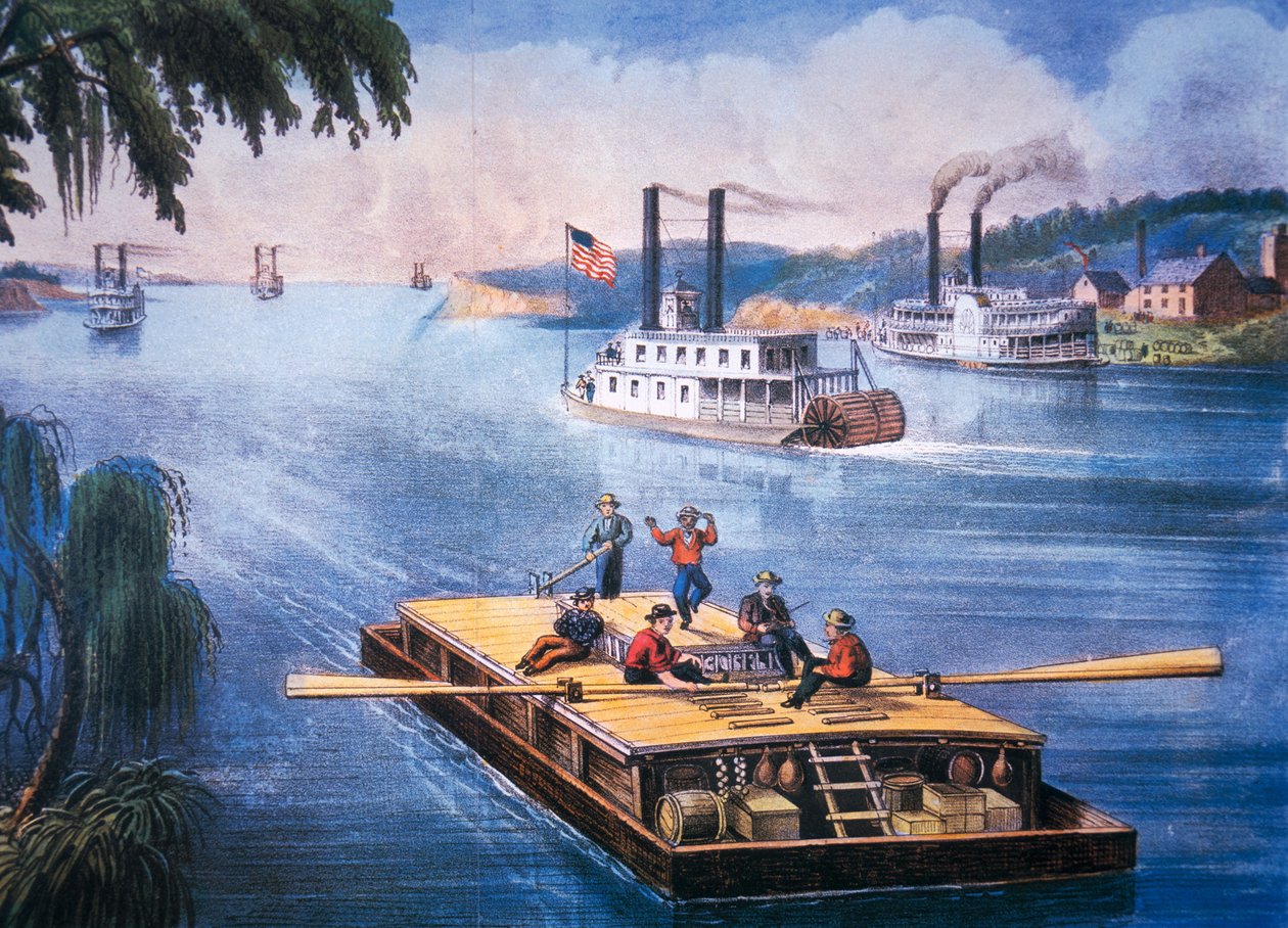 På Mississippi, ca. 1866 (farge litho) av American School