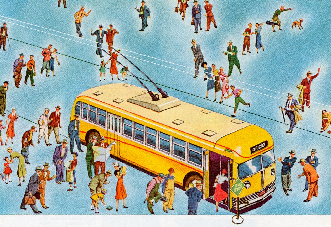 Fotgjengere som setter seg på en bybuss av American School
