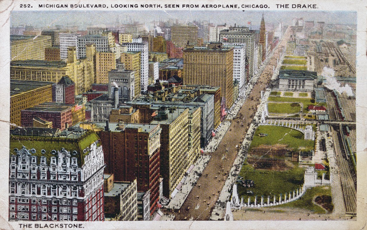 Postkort som viser Michigan Boulevard, Chicago, ca. 1930 av American School
