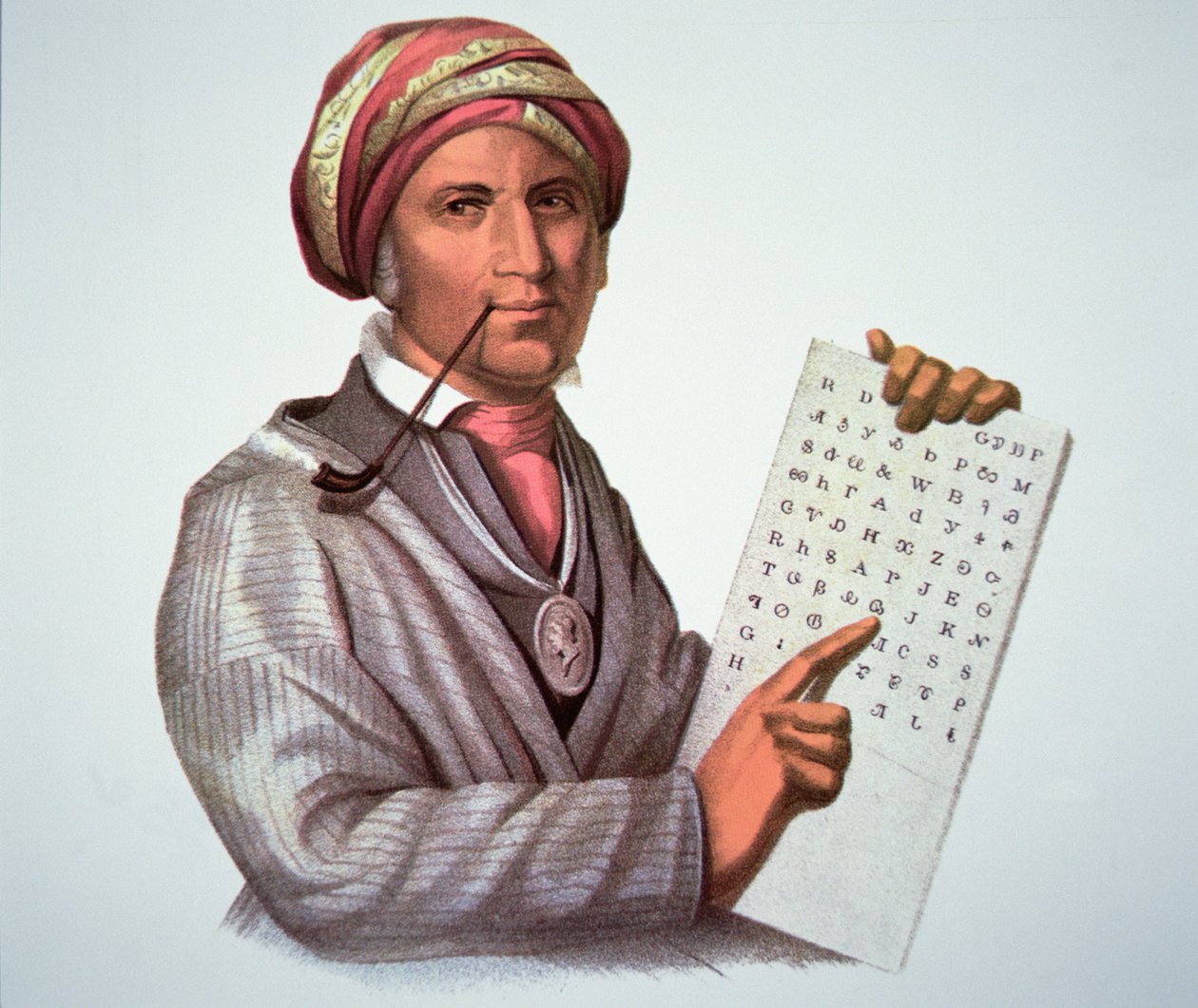 The Cherokee Scholar, Sequoyah (1776-1843) (litho-farge) av American School