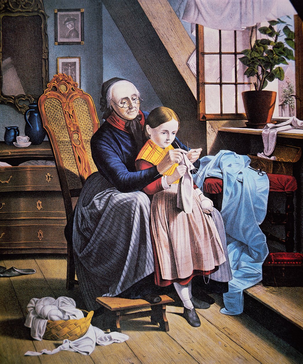 The Knitting Lesson, utgitt av Currier & Ives av American School