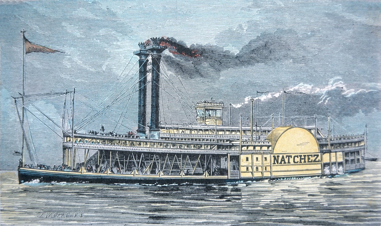 Mississippi-sidehjulet 'Natchez', ca. 1870 (farget gravering) av American School