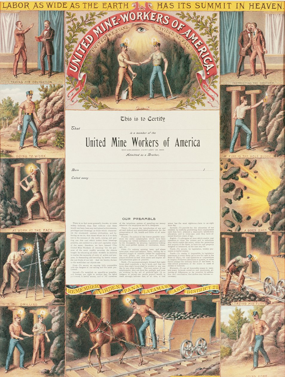 United Mine Workers Certificate, 1890 av American School