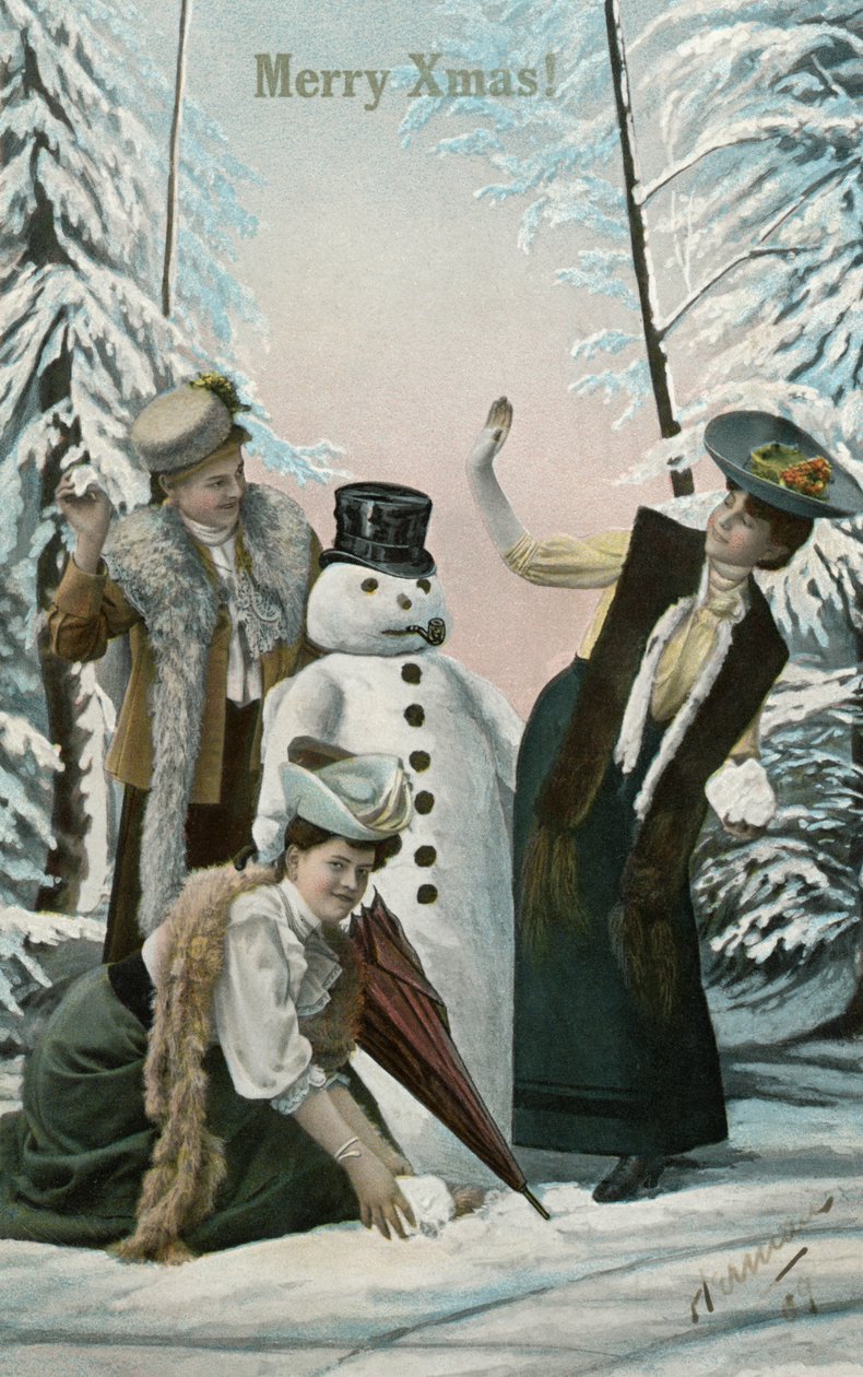 Viktorianske kvinner leker med snømannen av American School