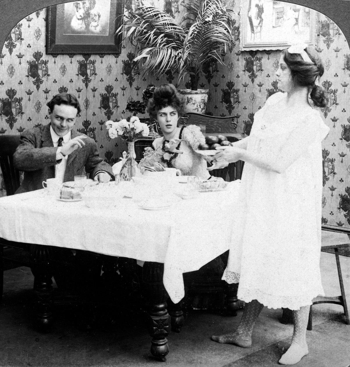 Hvordan Biddy serverte tomatene avkledd. av American Stereoscopic Company