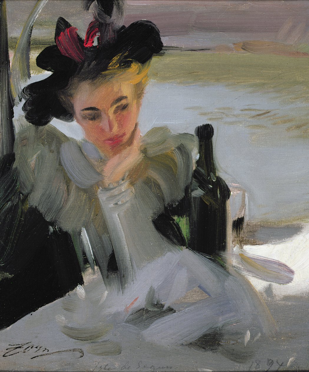 Dam Vid Cafe, 1894 (olje på lerret montert om bord) av Anders Leonard Zorn