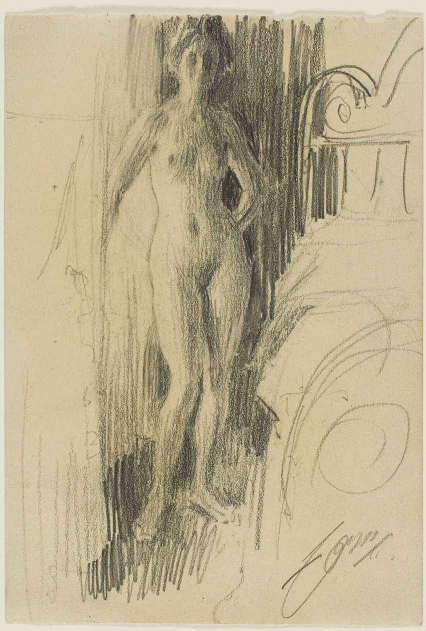 Nakenfigur som står nær en seng av Anders Leonard Zorn