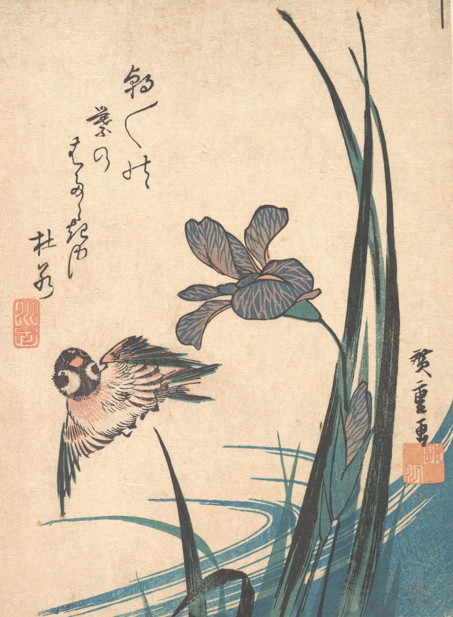 Iris og Sparrow, ca. 1832., ca. 1832. av Ando Hiroshige
