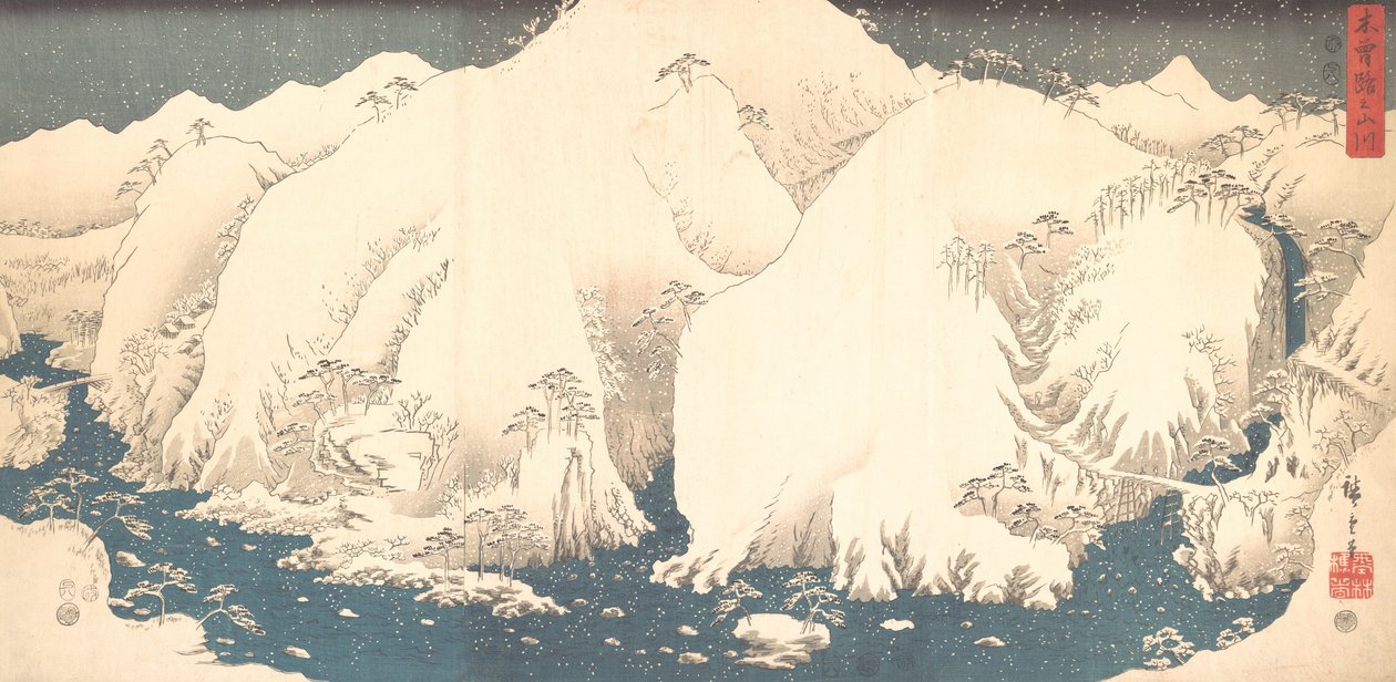Kiso-fjellene i snø, 1857., 1857. av Ando Hiroshige